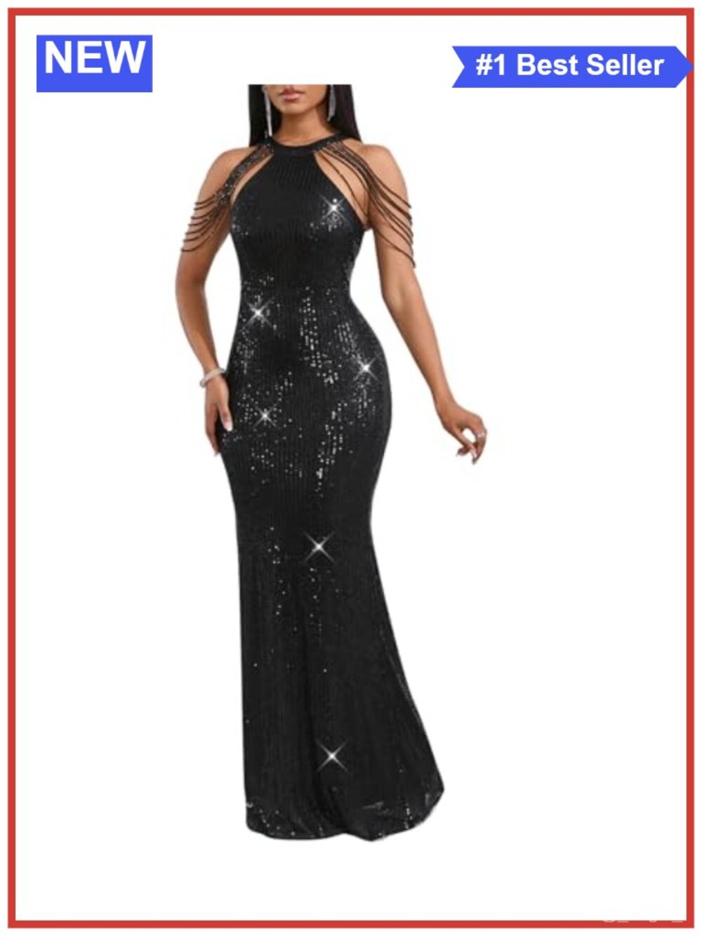 Sequined Halter Tassel Mermaid Formal Maxi Dress Evening Gown